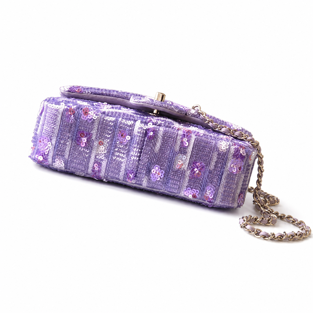 Chanel Lavender Sequin Classic Double Flap | Horizontal Shimmer & Pink Accents — 21cm