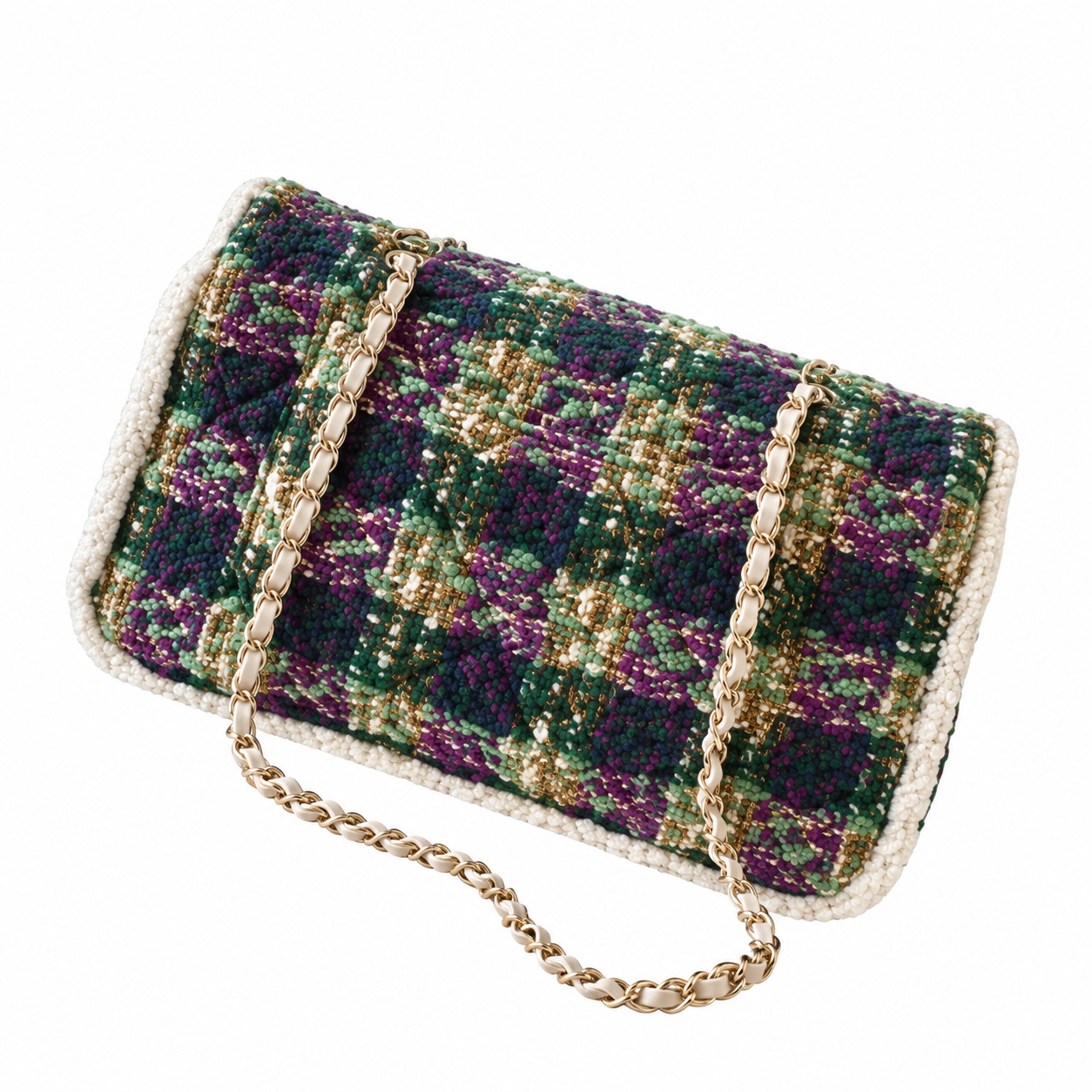 Chanel Tweed Bead Embellished Flap Bag Purple Green 21×33×10cm