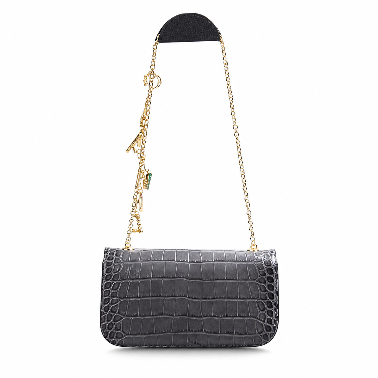 Chanel Charcoal Grey Croc-Embossed Flap Bag | Gold Bar Push-Lock, Jewelled Chain & Burgundy Interior