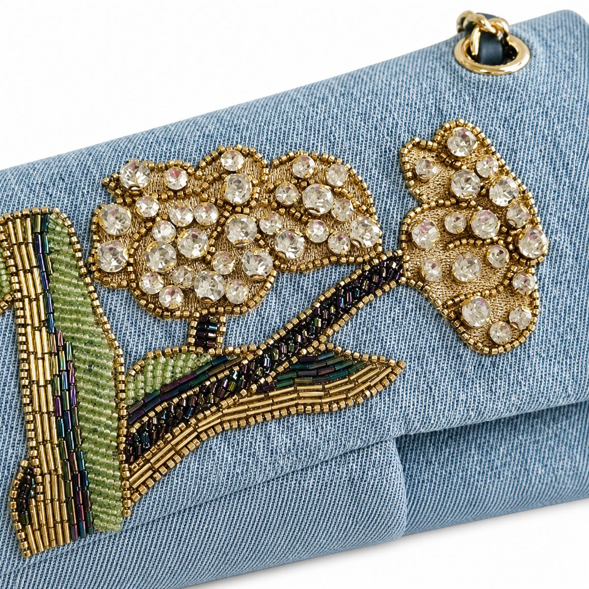 Chanel Light Blue Denim Mini Flap | Hand-Embroidered Crystal Flowers & Gold CC — 25.5cm