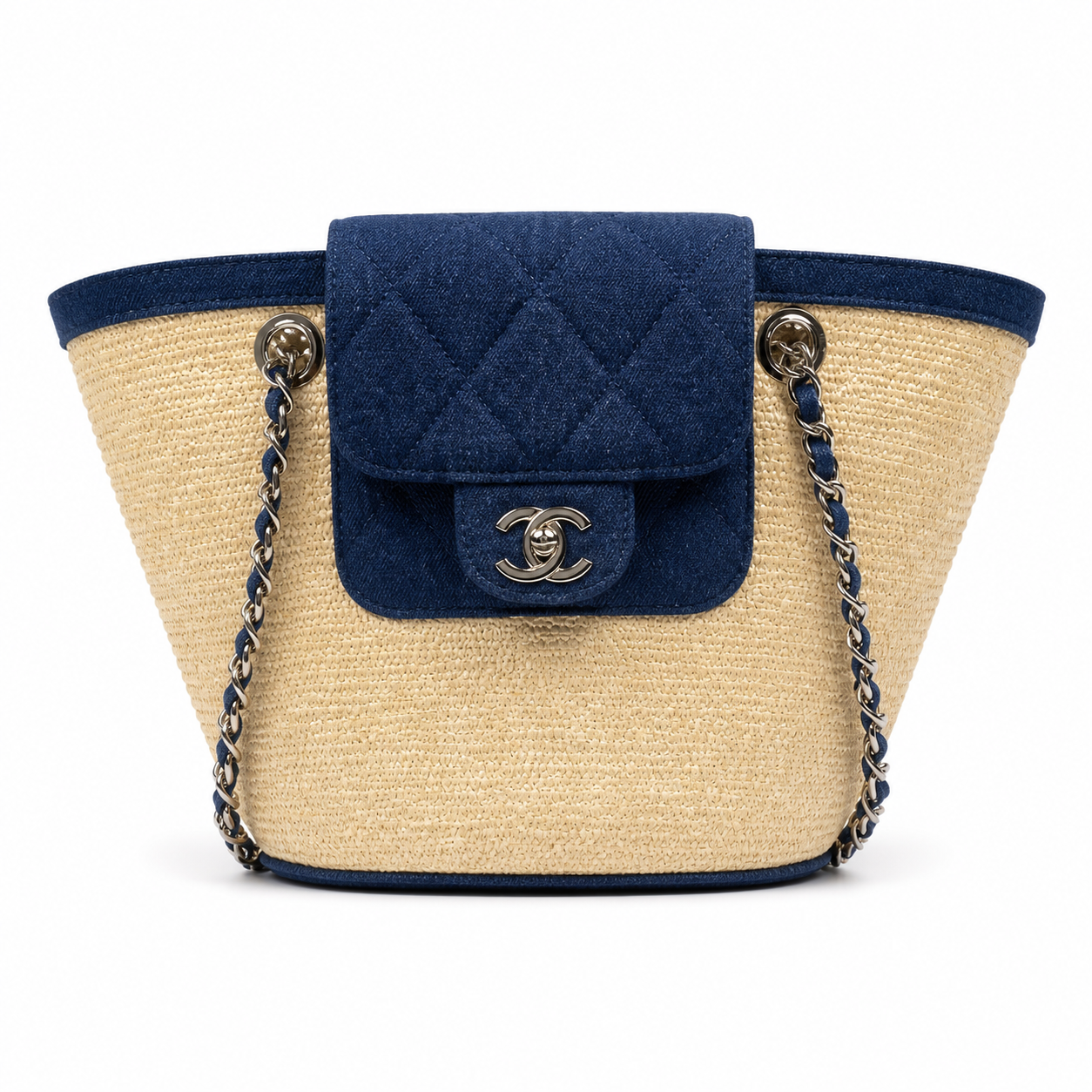 Chanel Small Basket Bag Natural Raffia & Navy Quilted Denim | Silver CC Turn-Lock — 41cm