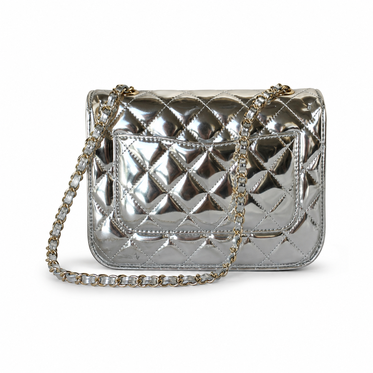 Chanel Mirror Metallic Quilted Flap Bag | CC Turn-Lock Silver Chain — 15x20cm