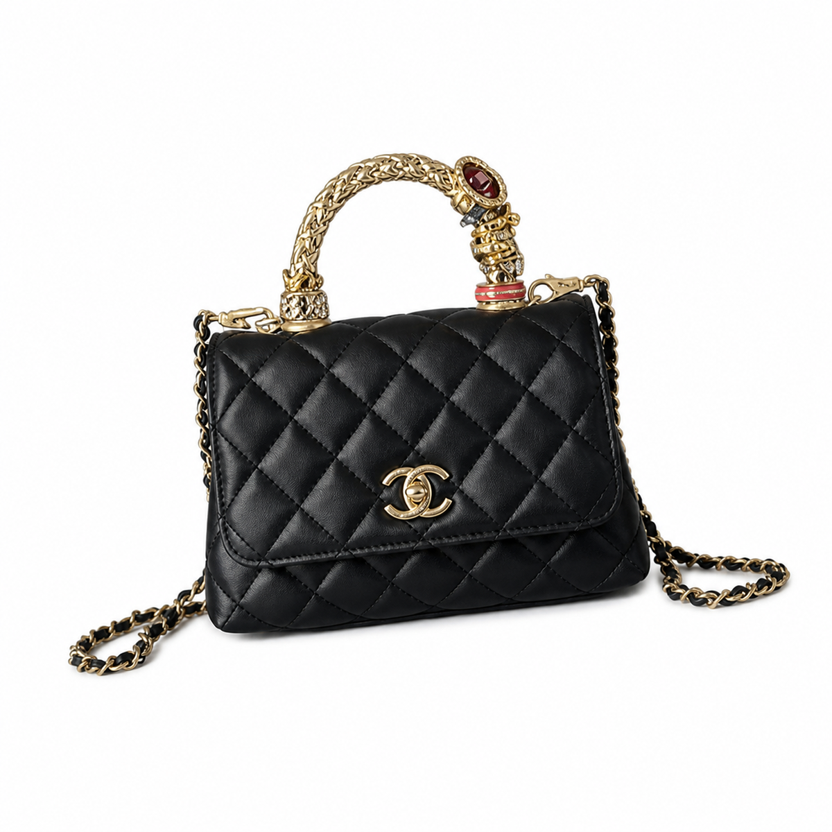 Chanel Black Quilted Lambskin Mini Flap | Jeweled Handle & Garnet Gemstone — 19cm