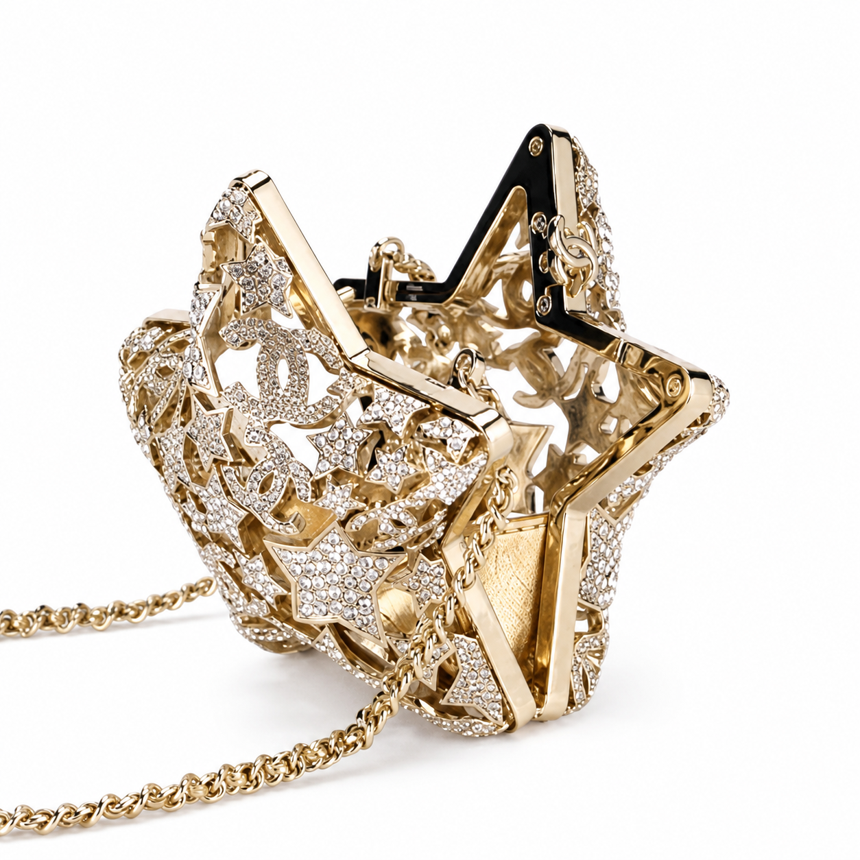 Chanel CC Pavé Crystal Star Minaudiere | Gold Filigree & Chain — 13cm