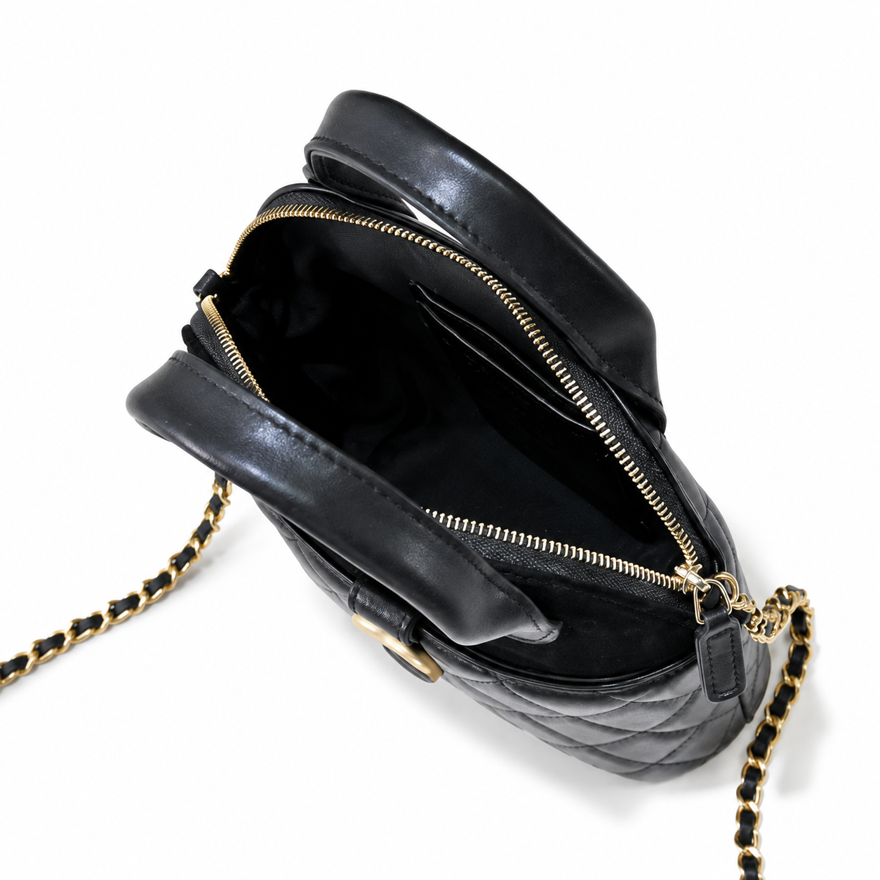 Chanel Black Quilted Lambskin Mini Bucket Bag | Double-Pull Gold Zipper, Dual Compartment & D-Ring Top Handle