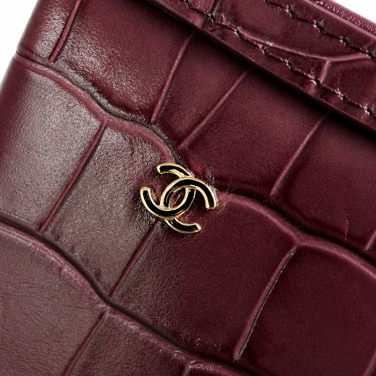 Chanel Burgundy Croc-Embossed Mini Bowling Bag | Gold CC & Chain — 19cm