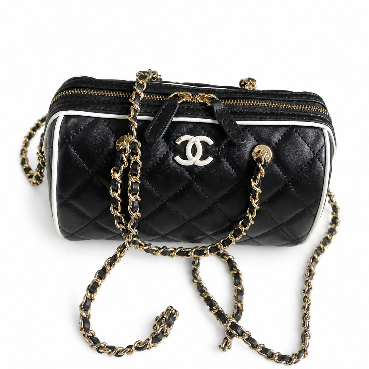 Chanel Quilted Barrel Bag | CC Logo Gold Chain Black White — 11.5x18.5cm