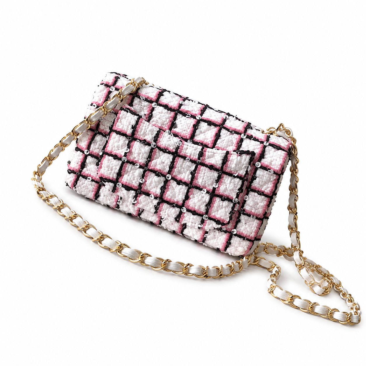 Chanel Tweed Crystal Flap Bag | Gold Chain Pink White Black — 20cm