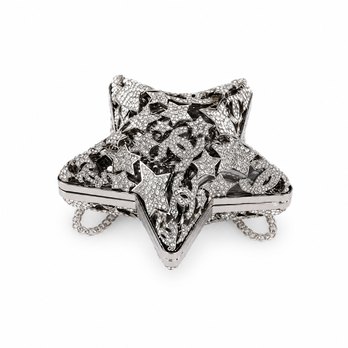 Chanel CC Pavé Crystal Star Minaudiere | Silver Filigree & Chain — 13cm