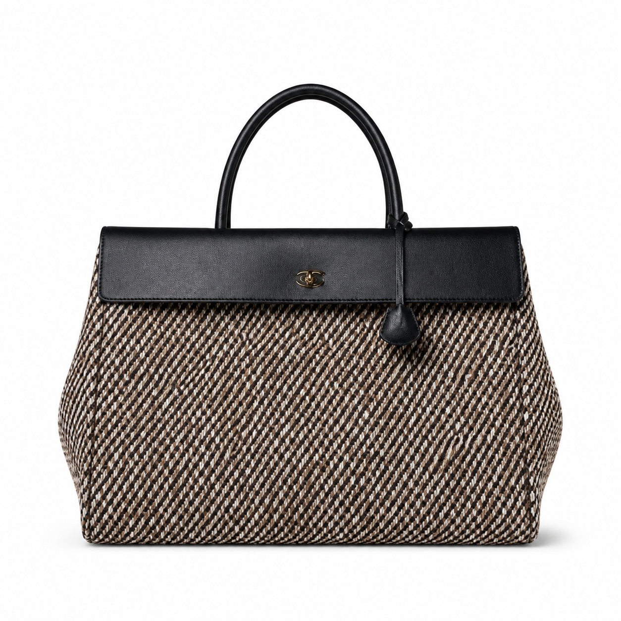 Chanel Large Tote Bag Black & Ivory Diagonal Tweed & Black Leather | Antiqued Gold CC — 43cm