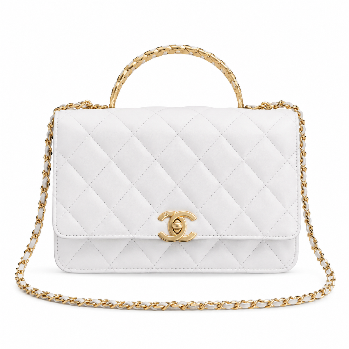 Chanel White Quilted Lambskin Flap Bag | Top Handle & Gold CC Chain