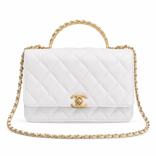 Chanel White Quilted Lambskin Flap Bag | Top Handle & Gold CC Chain