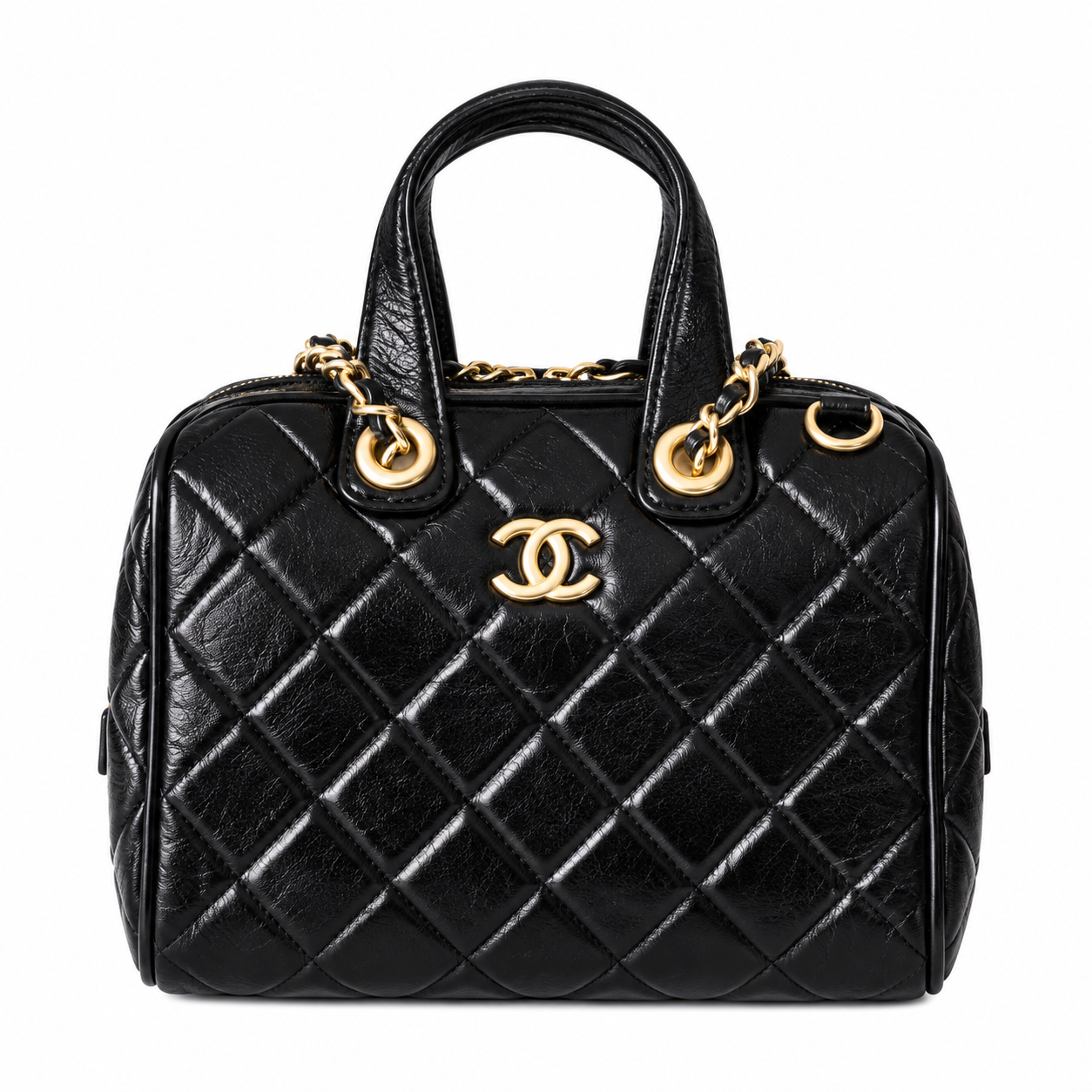 Chanel Quilted Aged Calfskin Bowling Bag Black Gold CC 21cm
