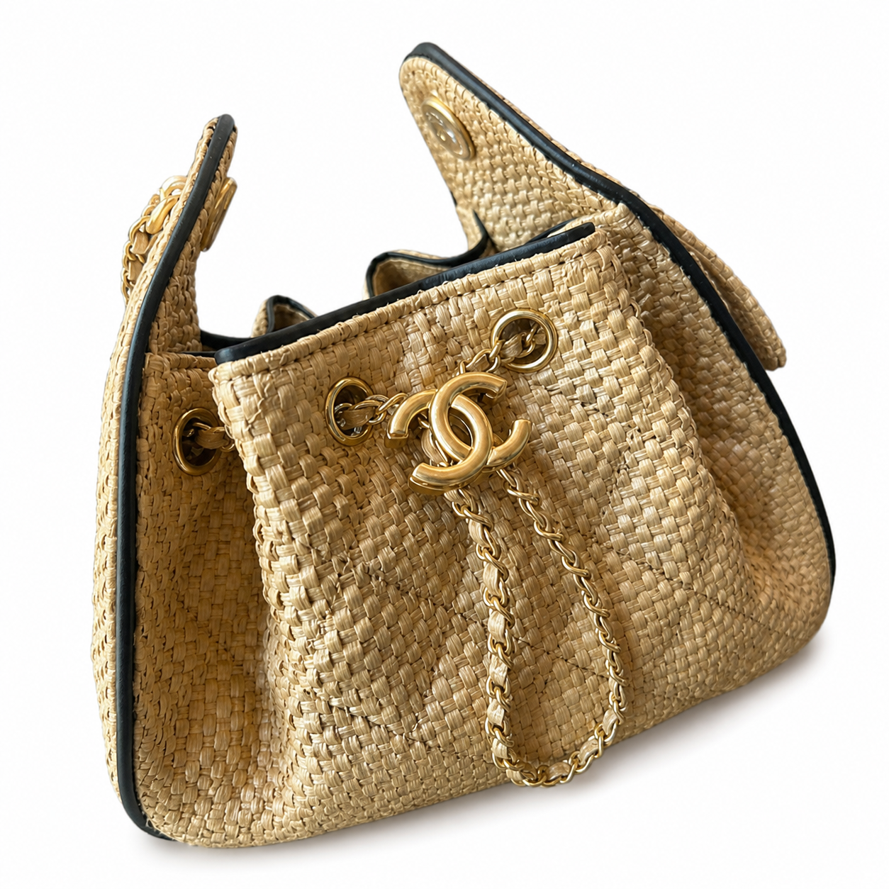 Chanel Raffia Drawstring Bucket Bag Natural Beige | Oversized Gold CC Medallion — 22cm