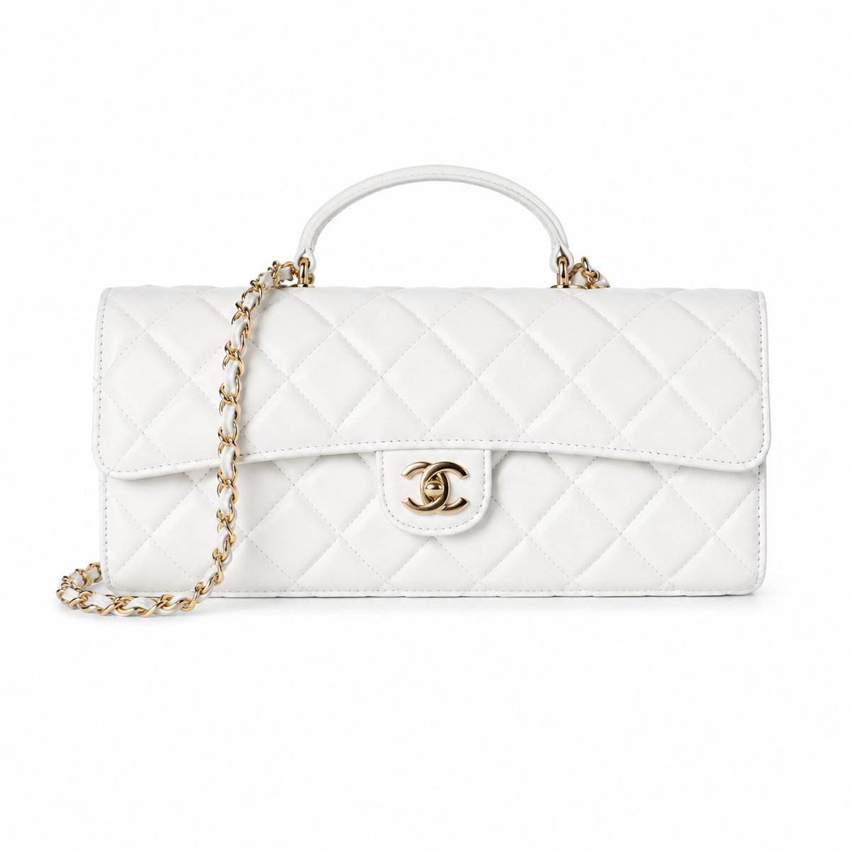 Chanel White Diamond-Quilted Lambskin Elongated Flap Bag | Top Handle & Tonal White Chain