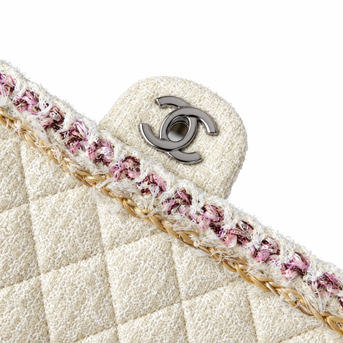 Chanel Classic Flap Quilted Tweed Multicolour Trim Ivory Silver 25cm
