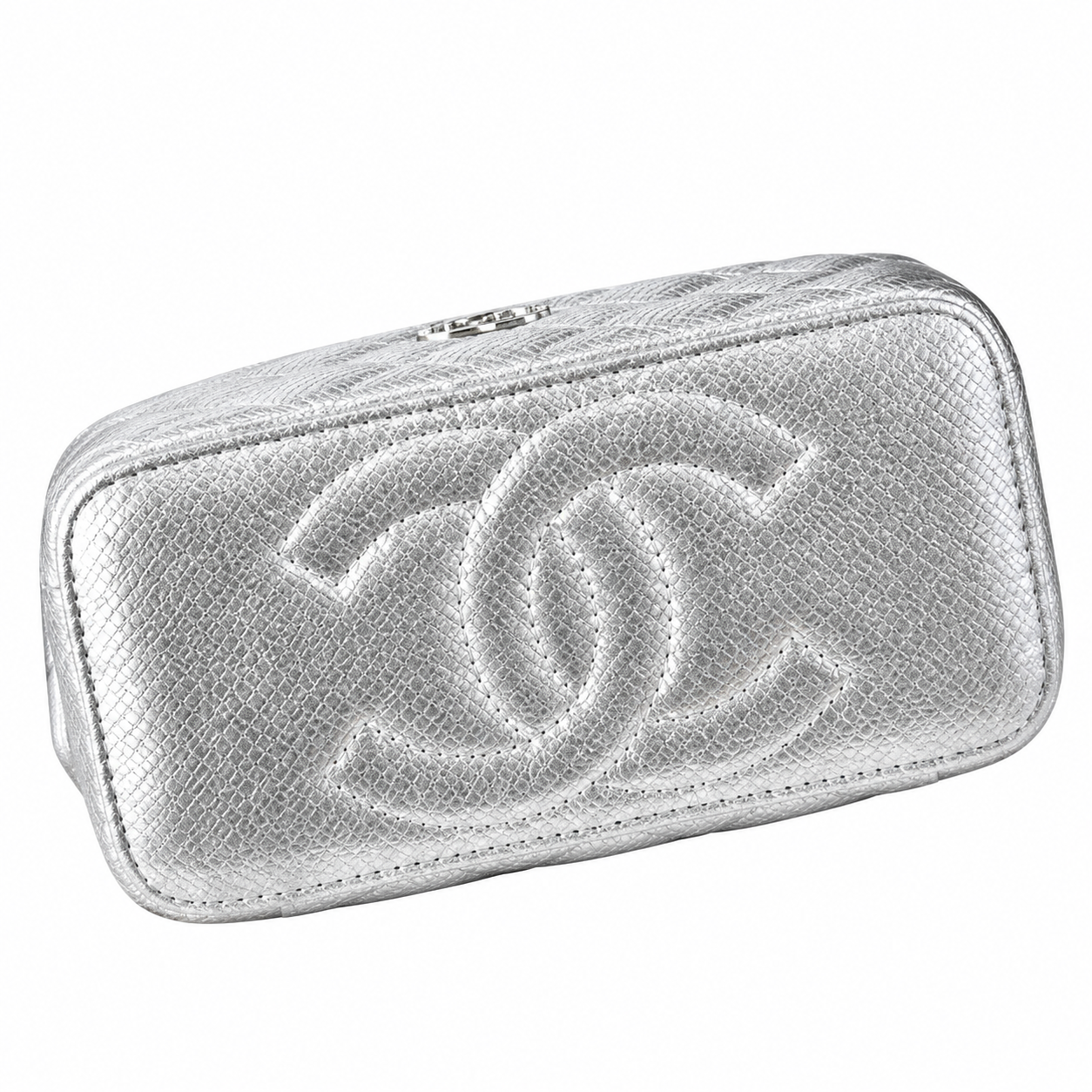 Chanel CC Embossed Metallic Caviar Vanity Case Silver 17cm
