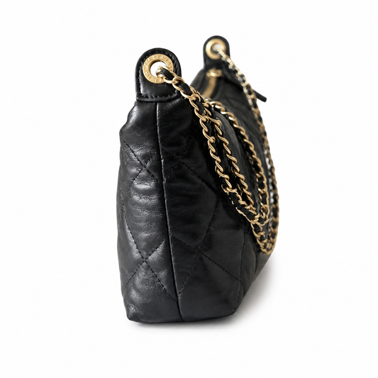 Chanel 22 Soft Pouch Black Aged Shiny Lambskin | Oversized Diamond Quilt & Gold Coin Tag — 26cm