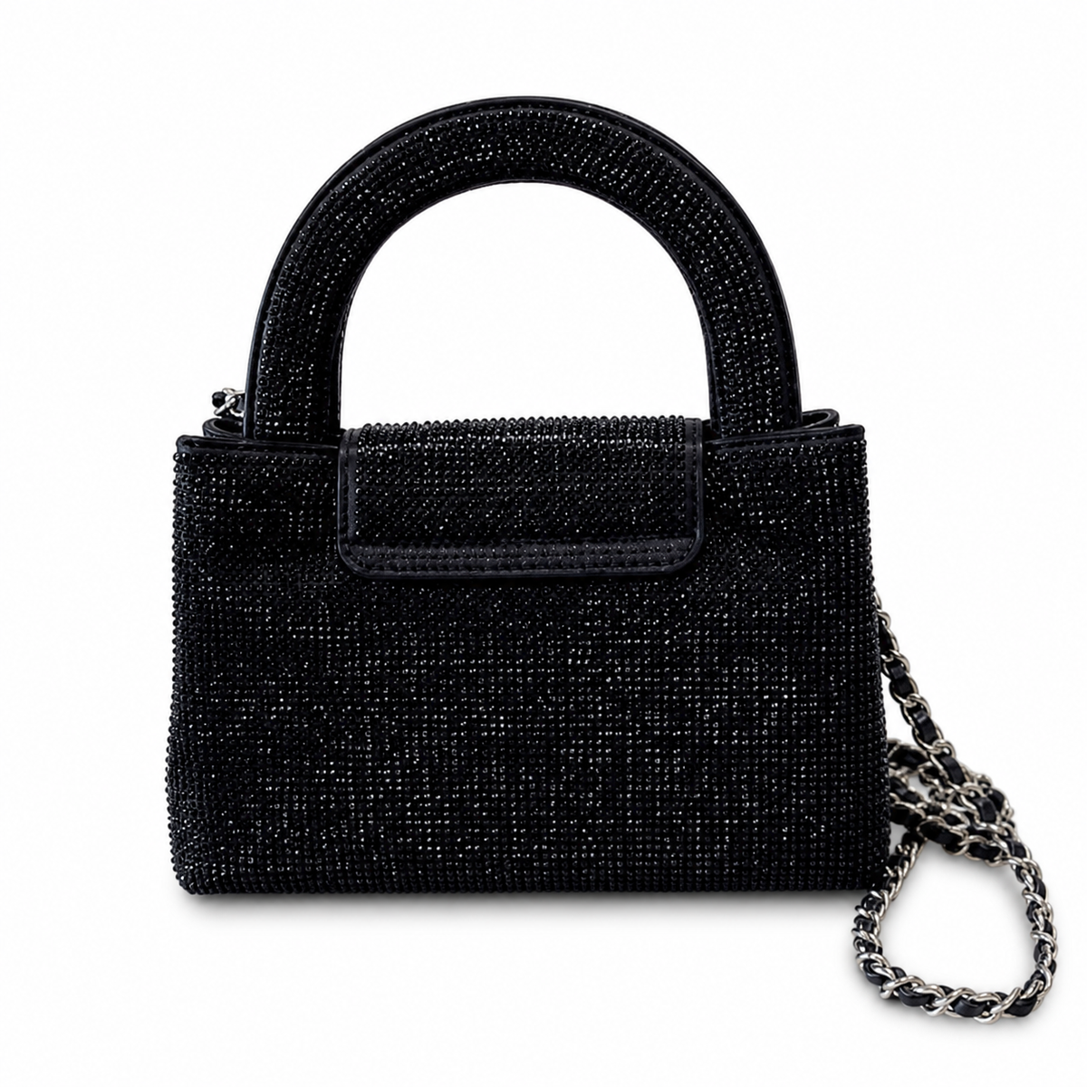 Chanel Black Crystal Mini Top-Handle Flap | Crystal Arch Handle & Silver Chain — 19cm