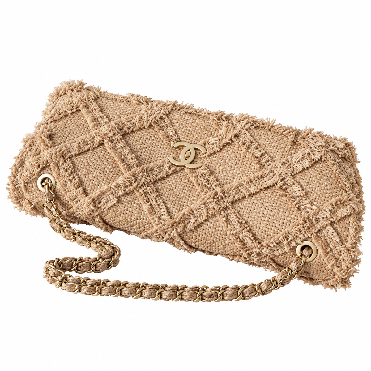 Chanel Large Quilted Raffia Fringe Flap Bag Natural Beige 38cm
