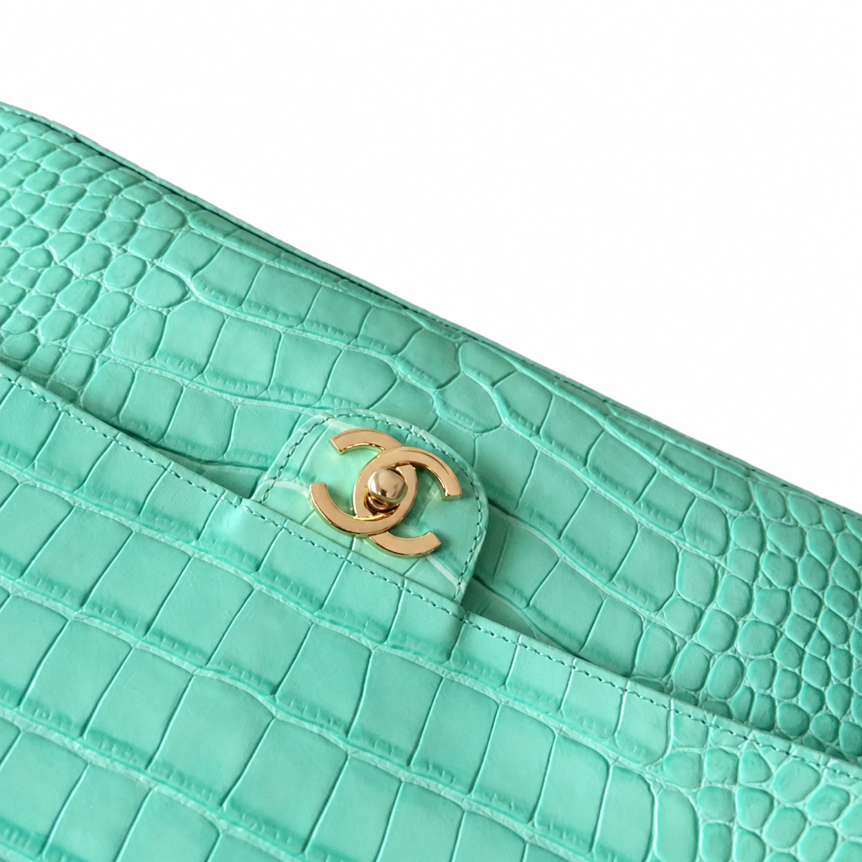 Chanel Classic Double Flap Bag Mint Turquoise Crocodile-Embossed Leather | Gold CC — 32cm
