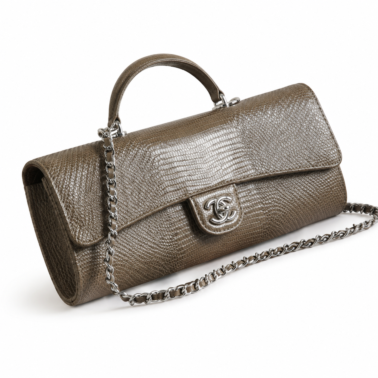 Chanel Bronze Metallic Lizard-Embossed Baguette Flap Bag | Top Handle & Silver Chain