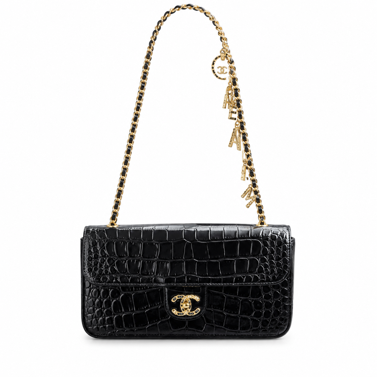 Chanel Black High-Gloss Croc-Embossed Flap Bag | Black Crystal CC Turn-Lock & Letter Charm Chain