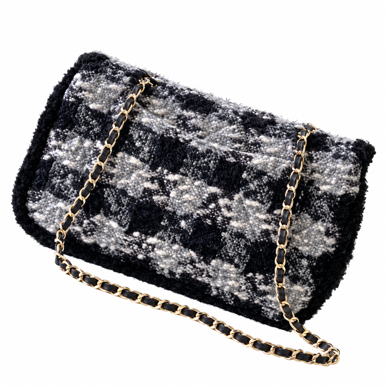 Chanel Houndstooth Tweed Classic Flap Bag Black 21×33×10cm