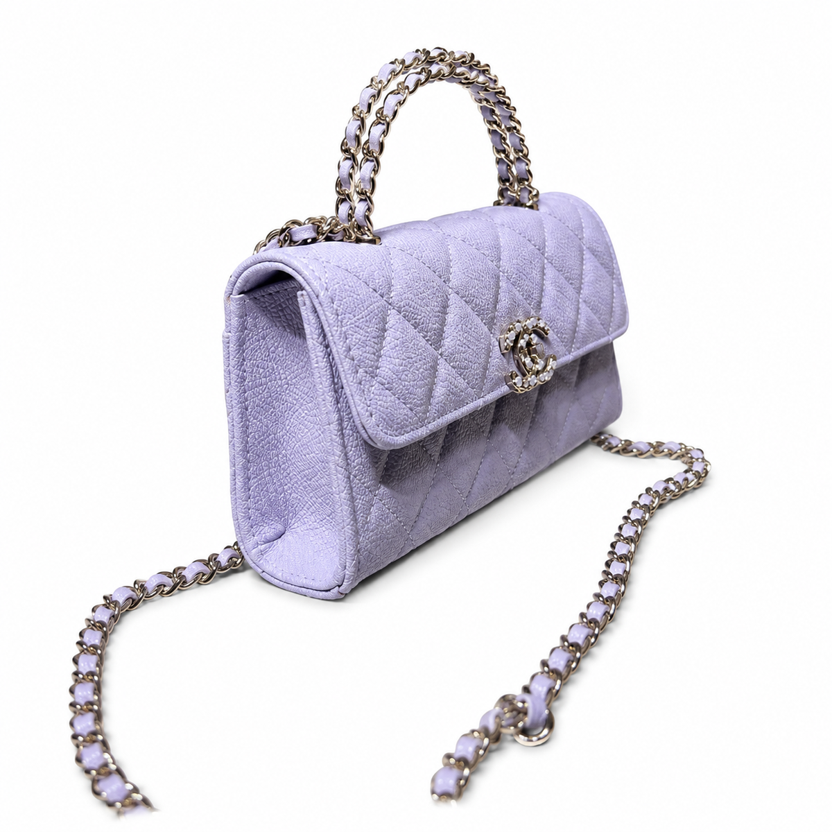 Chanel Lavender Caviar Quilted Mini Top Handle Flap Bag | Crystal CC Closure, Silver Chain & Tonal Lavender Interlace