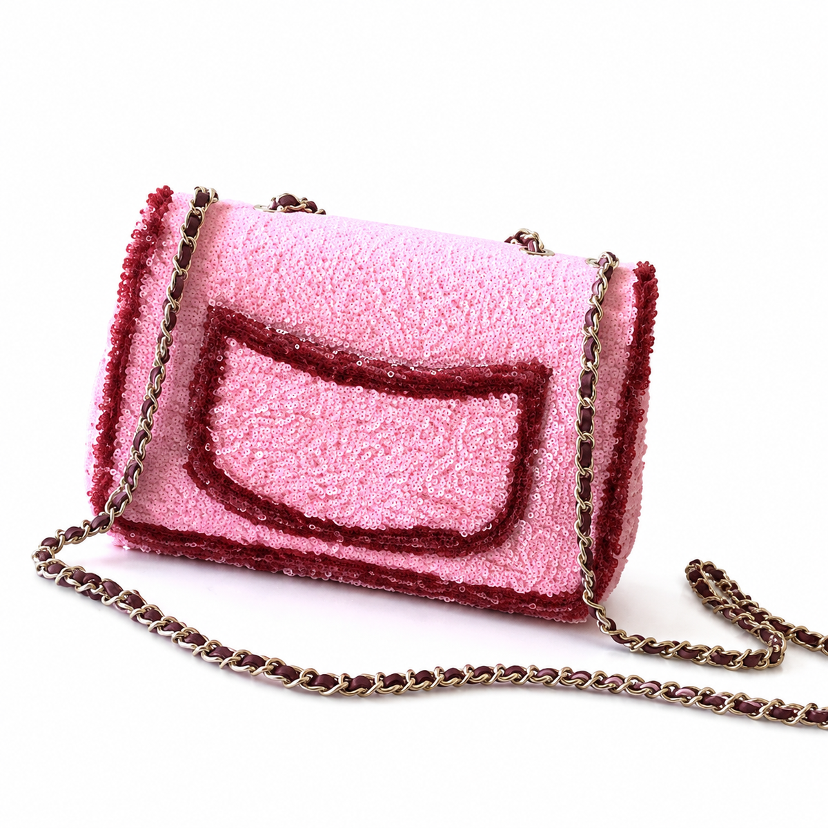 Chanel Pale Pink & Burgundy Sequin Flap Bag | Precision Geometric Border, Rose Gold Chain & Hidden CC Zip Pull