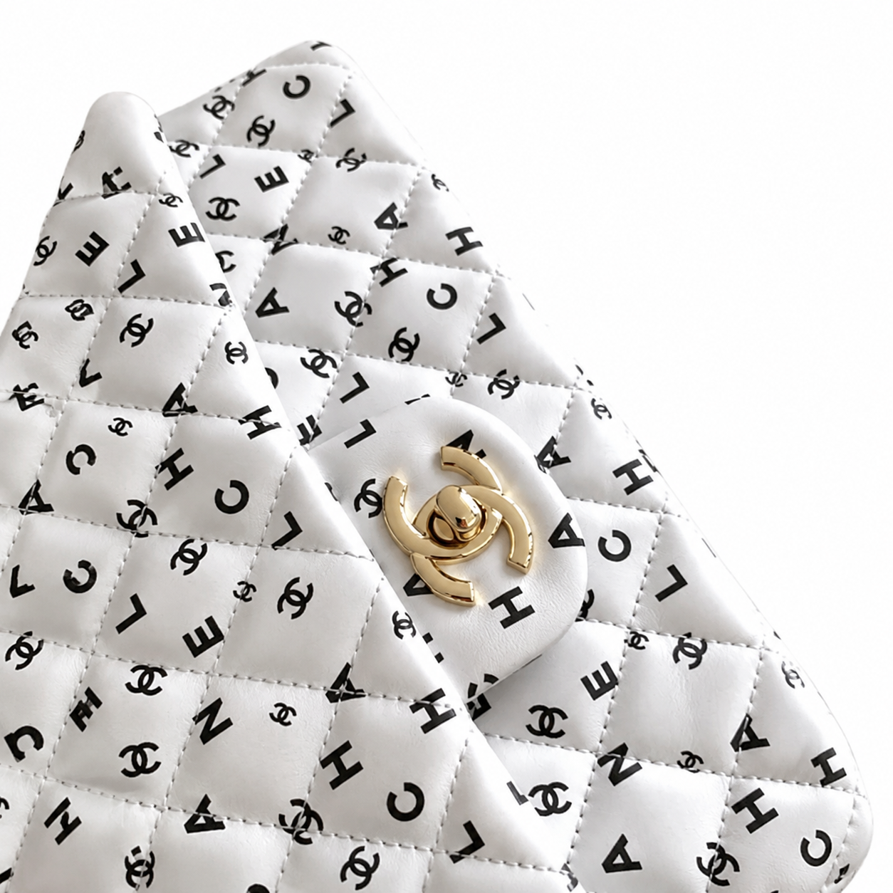 Chanel White Logo-Print Quilted Classic Double Flap Bag