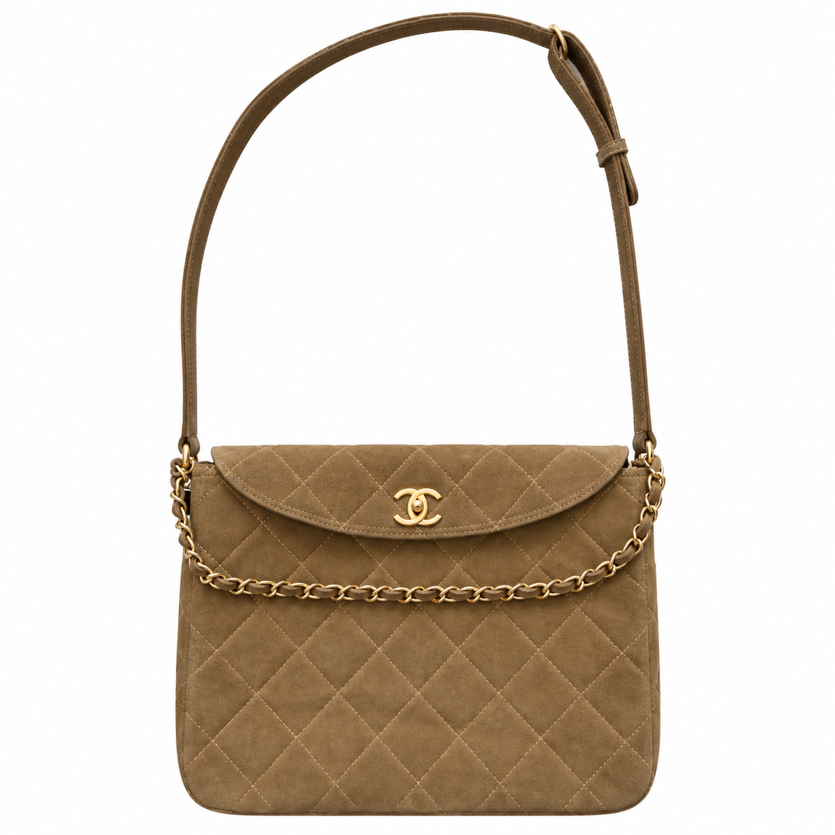 Chanel Quilted Suede CC Turn-Lock Flap Bag Khaki 30×25×7cm
