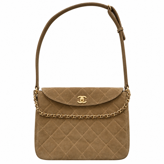 Chanel Quilted Suede CC Turn-Lock Flap Bag Khaki 30×25×7cm