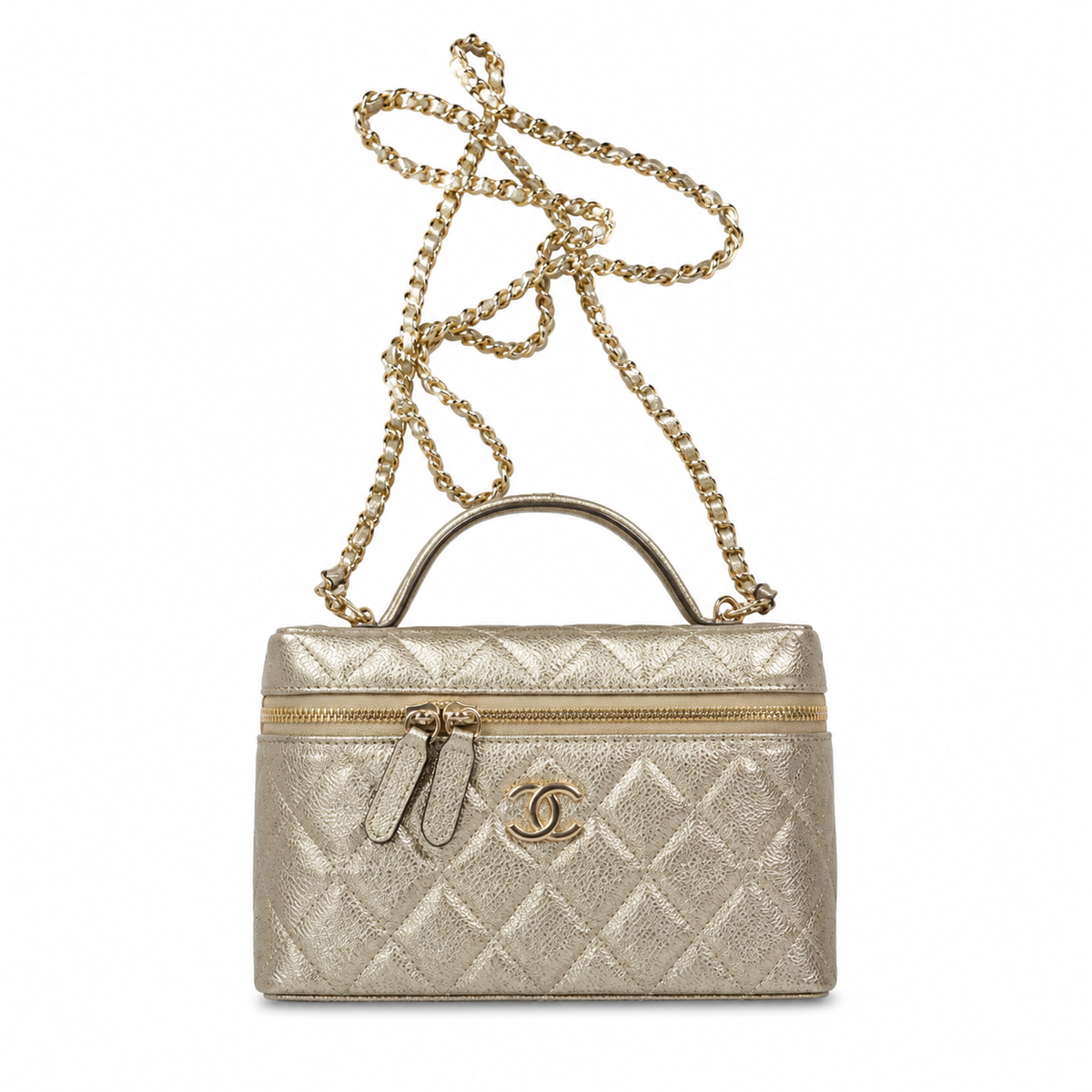 Chanel Gold Metallic Quilted Vanity Box Bag | Top Handle & Long Gold Chain
