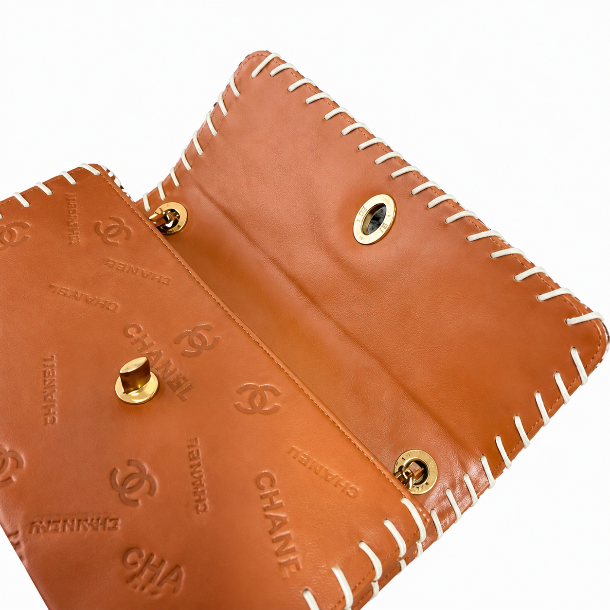 Chanel Large Flap Cognac CC Monogram Embossed | White Whipstitch & Gold Chain — 34cm