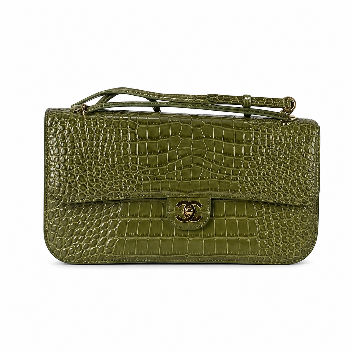 Chanel Classic Double Flap Bag Olive Green Crocodile-Embossed Leather | Gold CC — 32cm