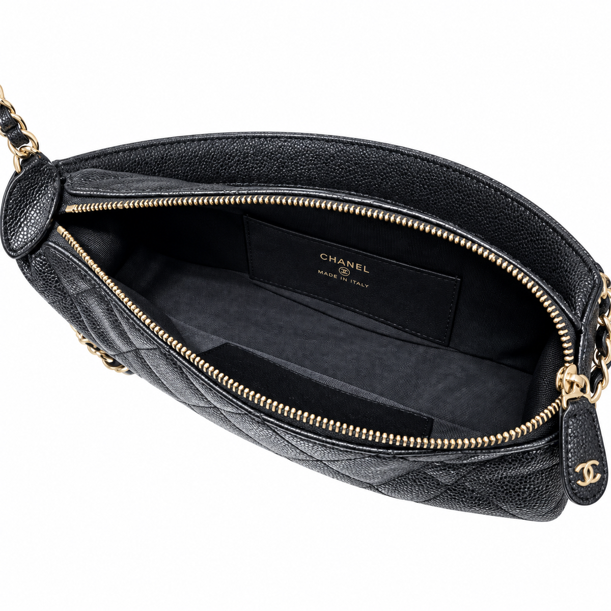 Chanel Crescent Zip Hobo Quilted Caviar Black Gold CC 22cm