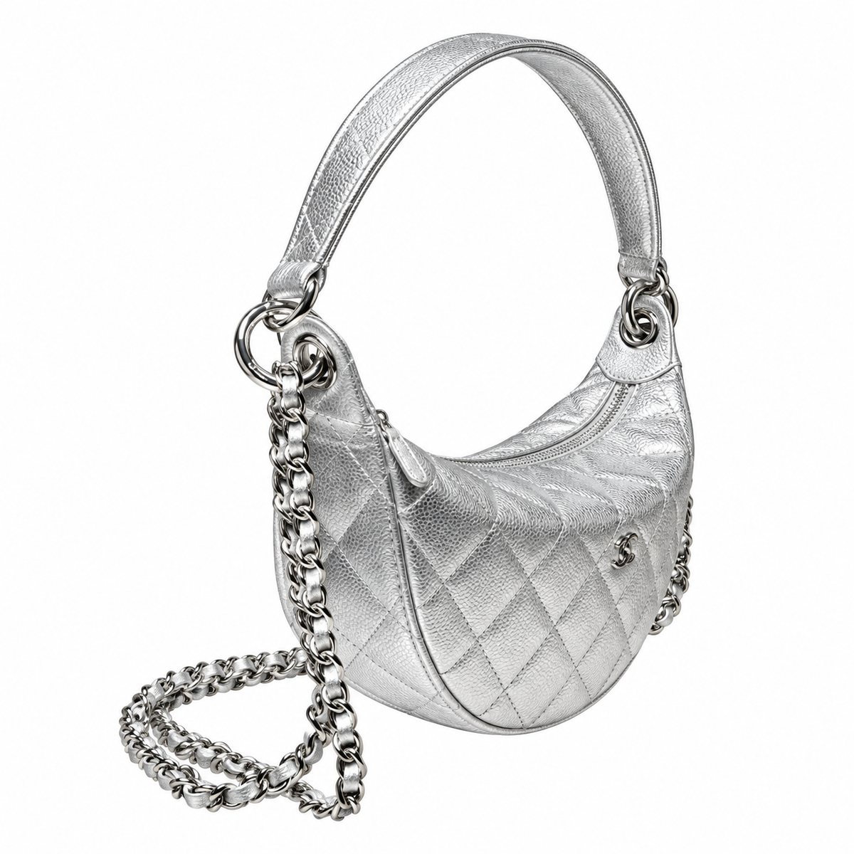 Chanel Crescent Hobo Quilted Metallic Caviar Silver Leather Handle 22cm