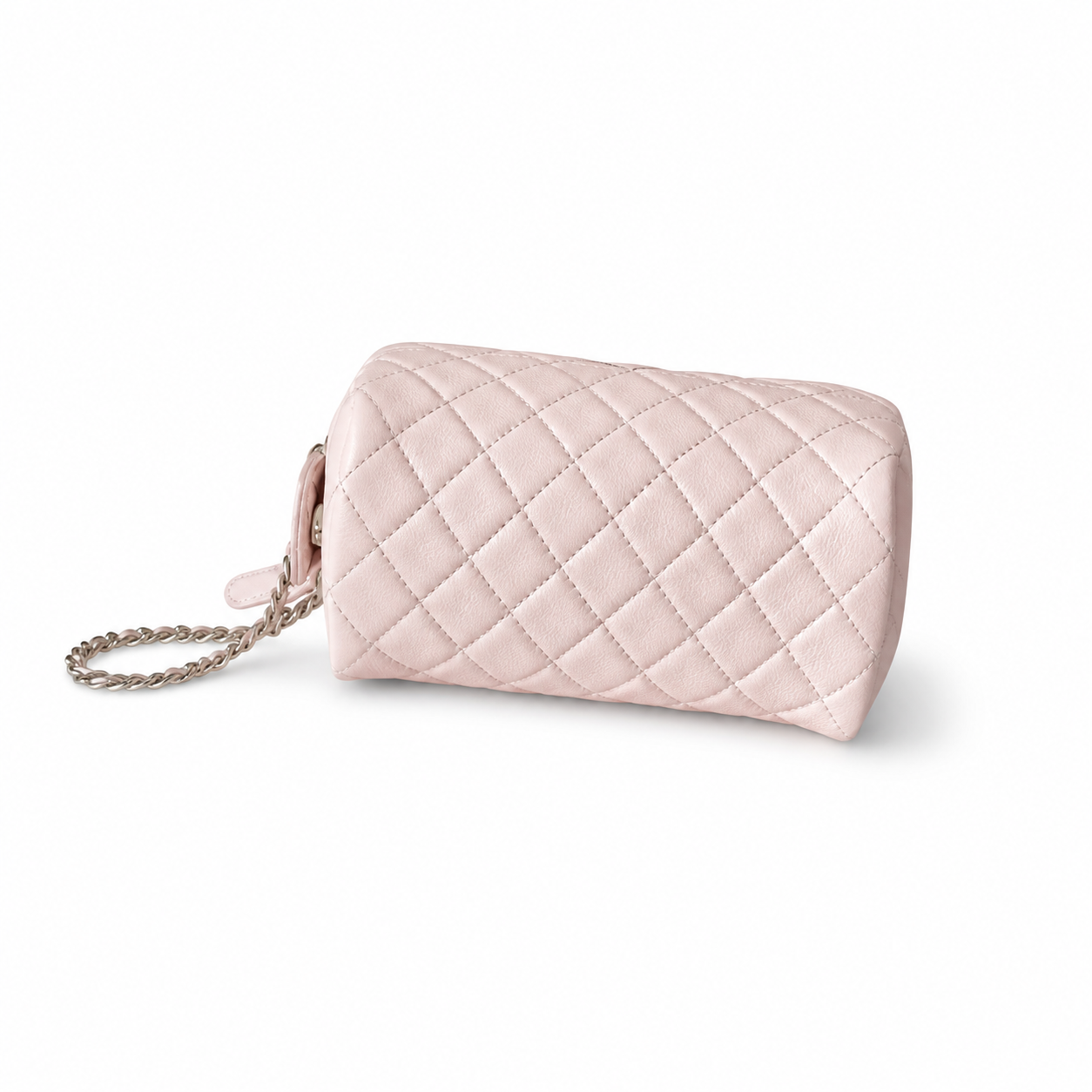Chanel CC Quilted Cosmetic Pouch | Blush Pink & Silver Chain — 18cm