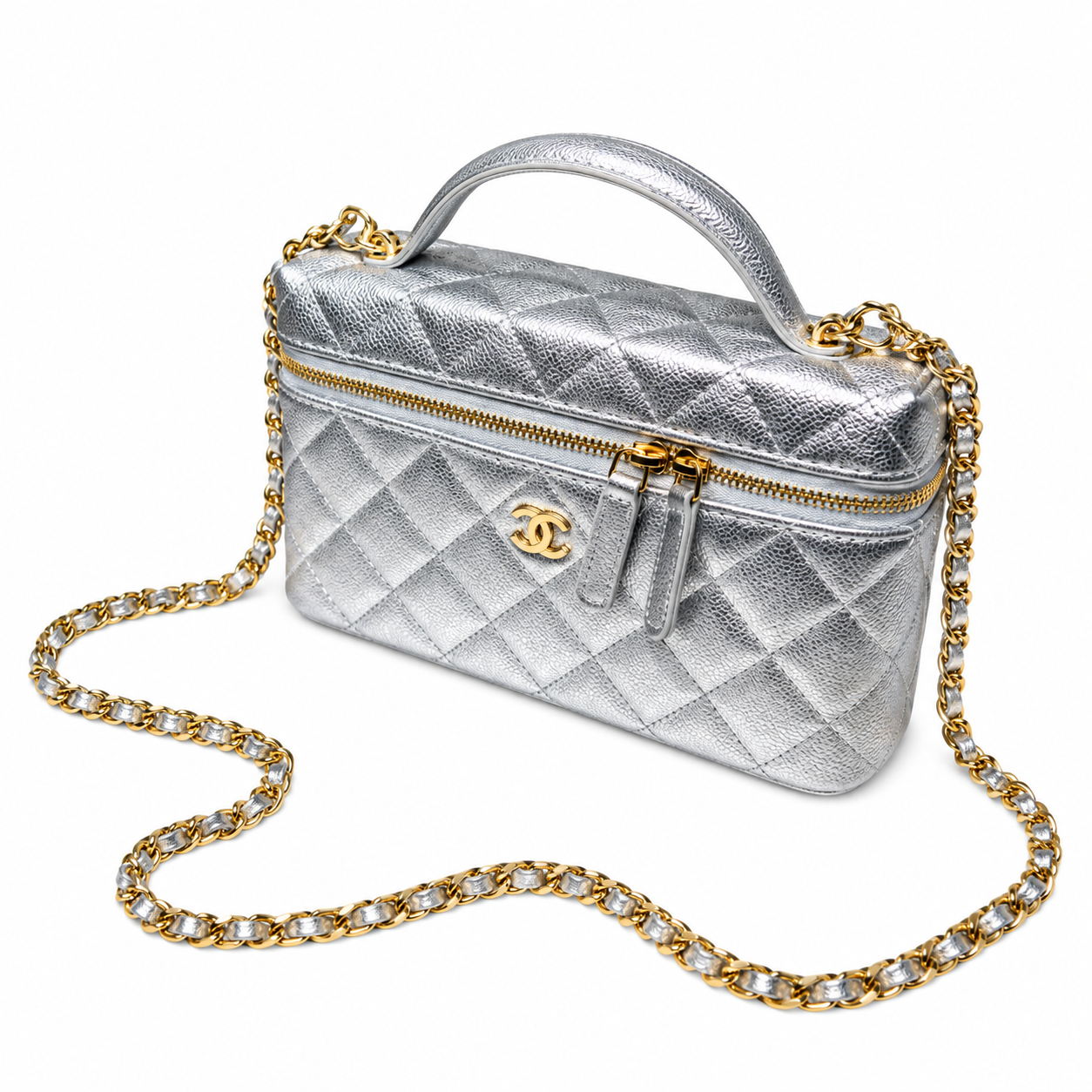 Chanel Quilted Silver Metallic Vanity Case Bag Pearl Chain 19.5cm