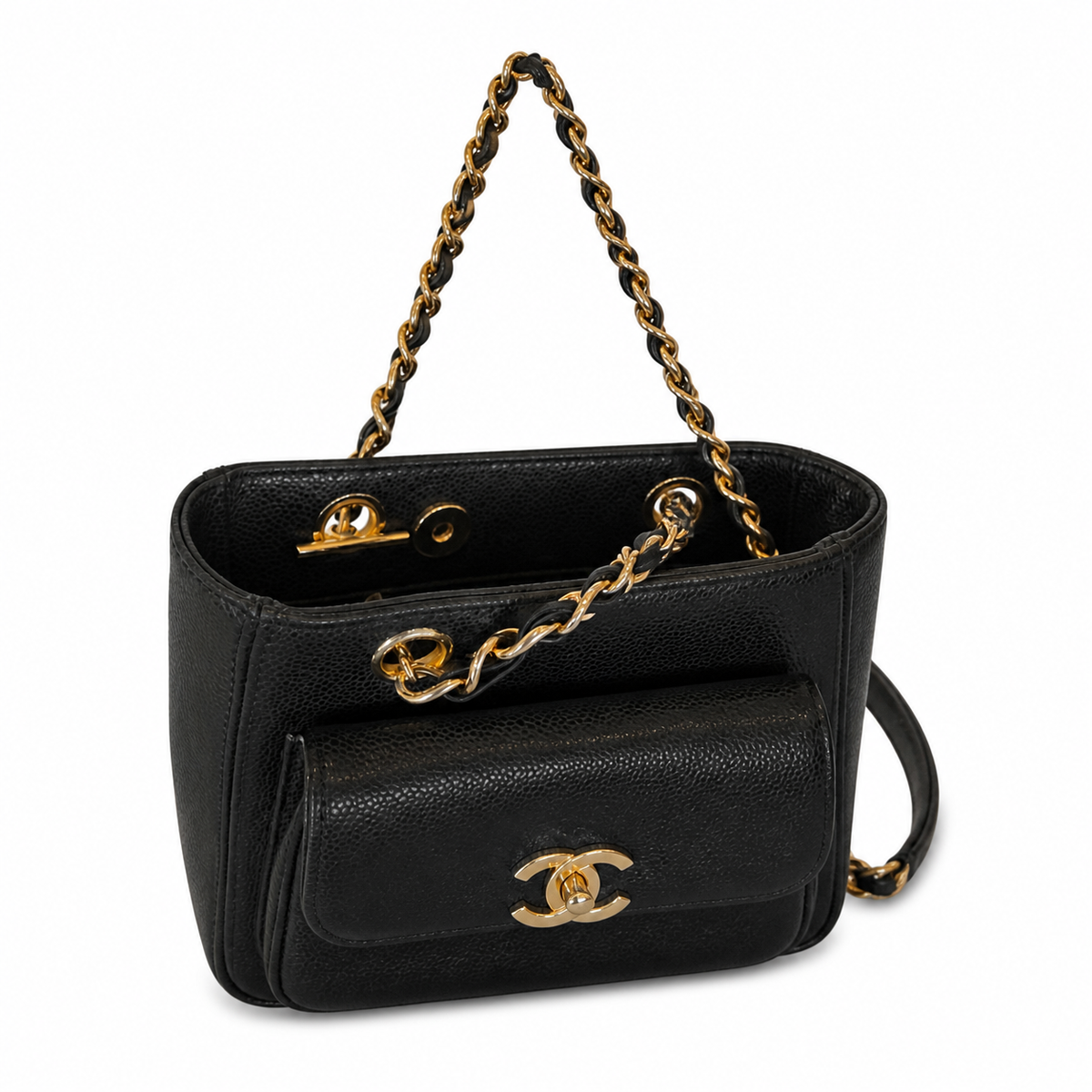 Chanel Black Caviar Open-Top Tote | Built-In Front CC Flap Pocket & Gold Chain Straps — 26cm