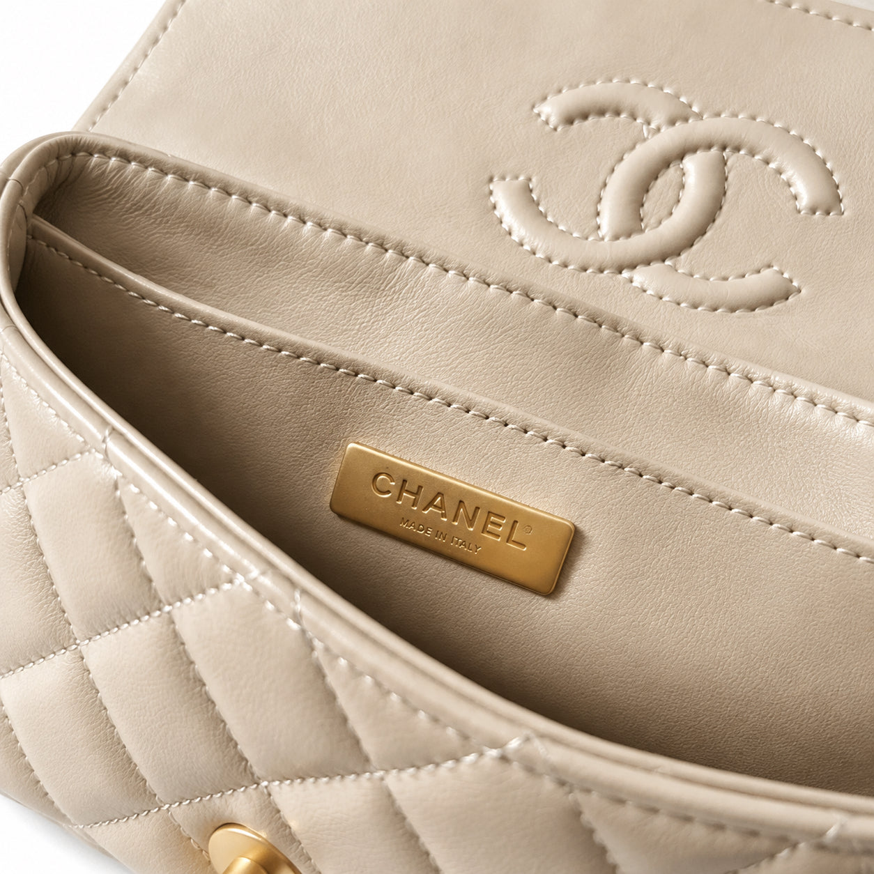 Chanel Nude Beige Lambskin Quilted Mini Flap Bag | CHANEL PARIS Gold Padlock Clasp & Gold Chain