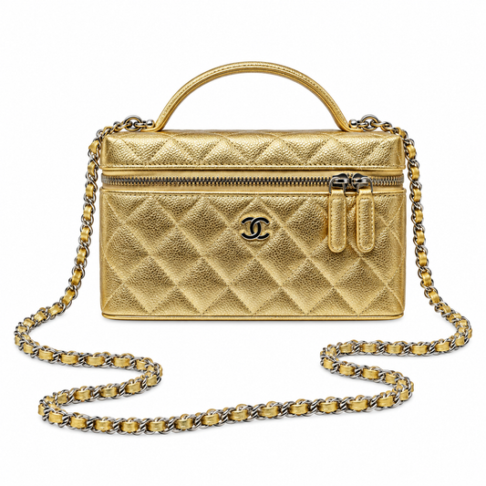 Chanel Quilted Gold Metallic Caviar Vanity Case Bag Silver Hardware 19.5cm