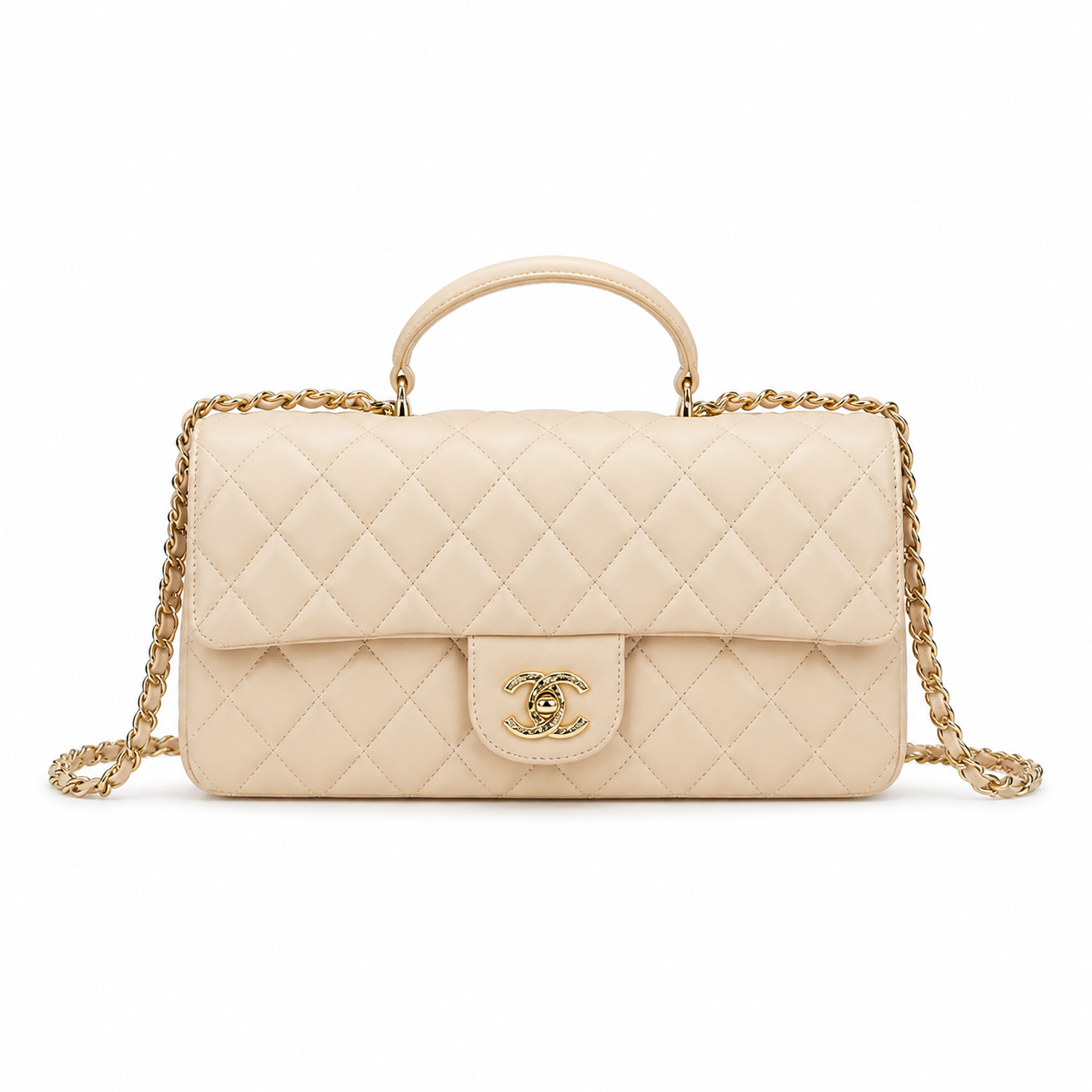 Chanel Cream Ivory Large Diamond-Quilted Lambskin Flap Bag | Top Handle & Pure Gold Chain
