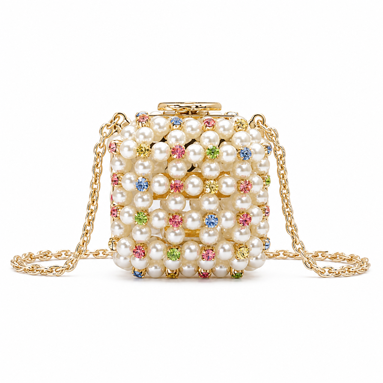 Chanel Cream Pearl Minaudère Box Bag | Rhinestones & Pearl-Interwoven Chain — 8cm