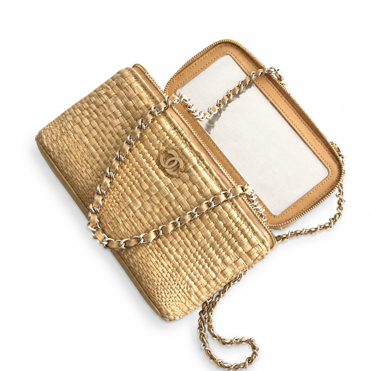 Chanel Natural Raffia Woven Vanity Case | Built-In Mirror, Gold CC Logo & Chain Strap