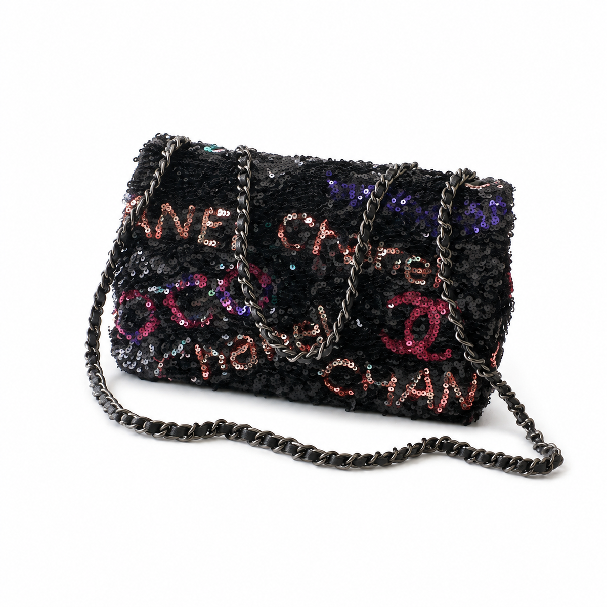 Chanel Sequin Graffiti Flap Bag | CC Logo Silver Chain Black — 14x21cm