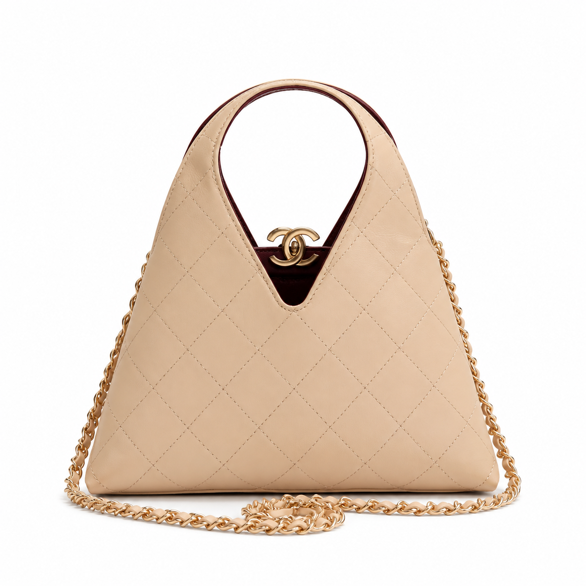 Chanel Large Hobo Bag Warm Beige Diamond-Quilted Lambskin | Burgundy Interior & Gold CC Clasp — 32cm
