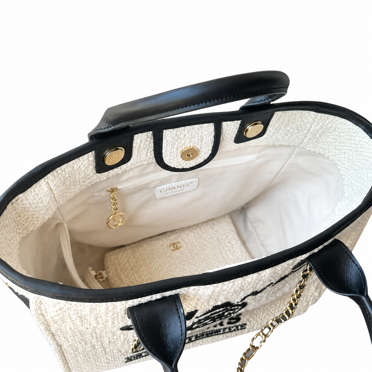 Chanel Deauville Tote Ivory Bouclé | Black Leather CHANEL CC PARIS Appliqué & Gold Chain — 33cm