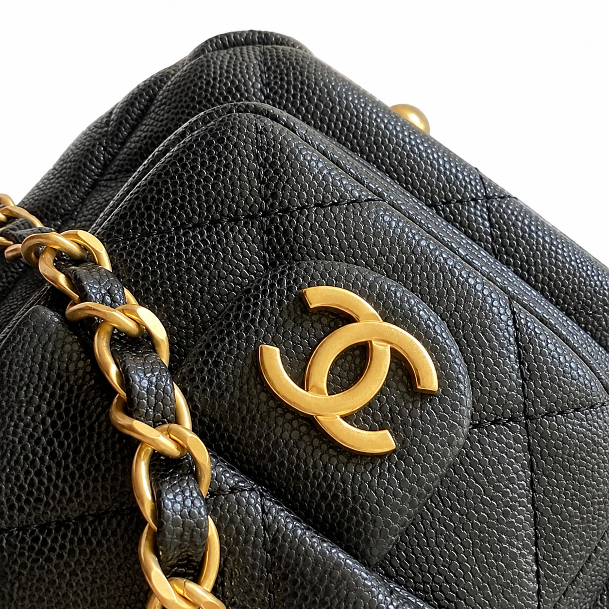 Chanel Black Caviar Leather Quilted Camera Bag | Oversized Antique Gold CC, Side Pockets & Double Chain with Leather Strap